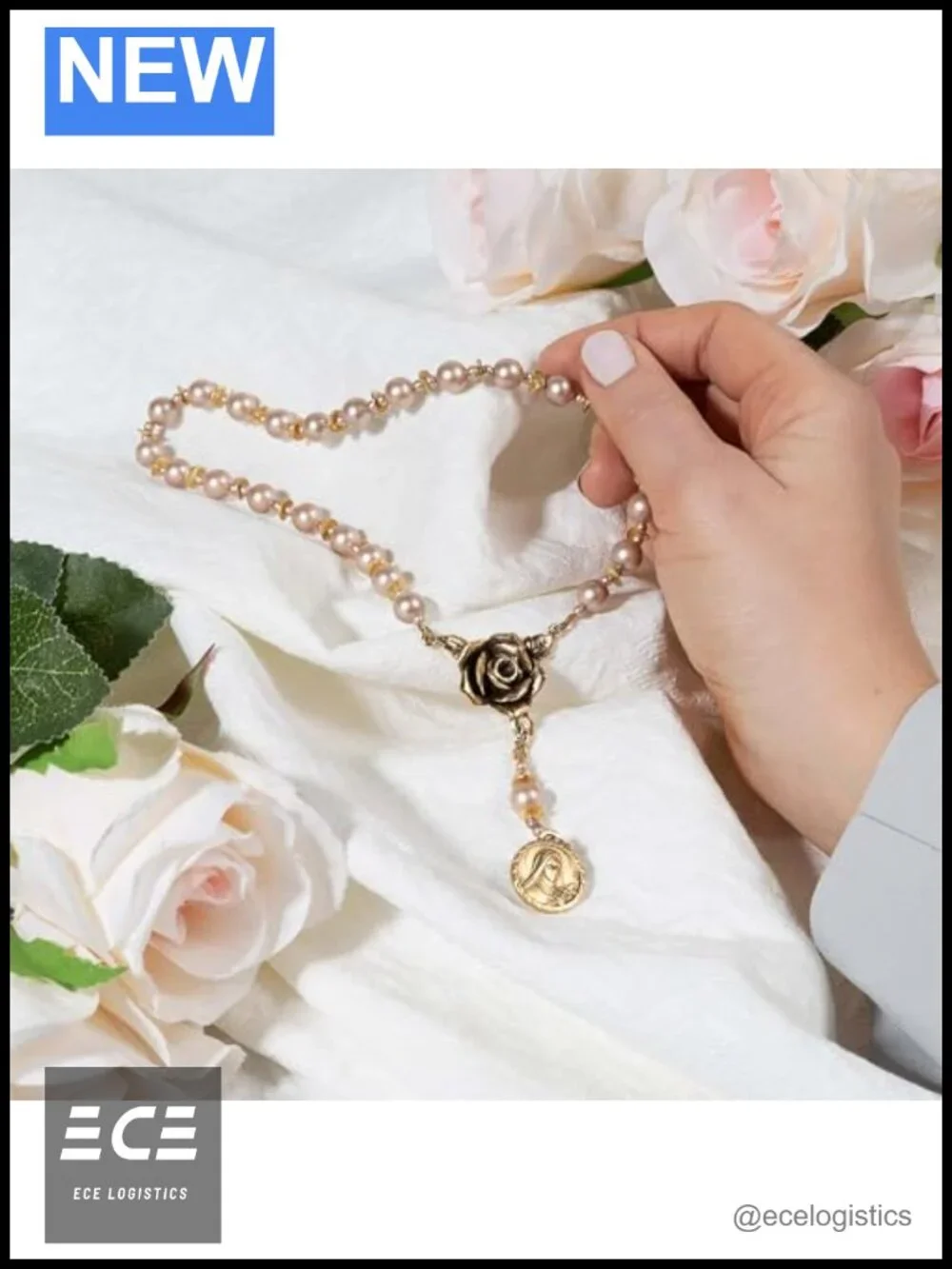 Handmade Glass Pearl Rosary Chaplet St Therese Prayer Beads with Medal & Card